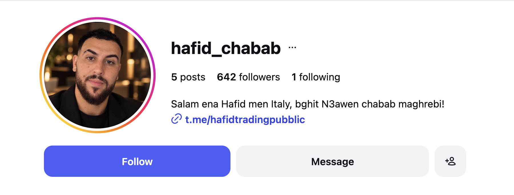 https://t.me/hafidtradingpubblic — social media scam screenshot